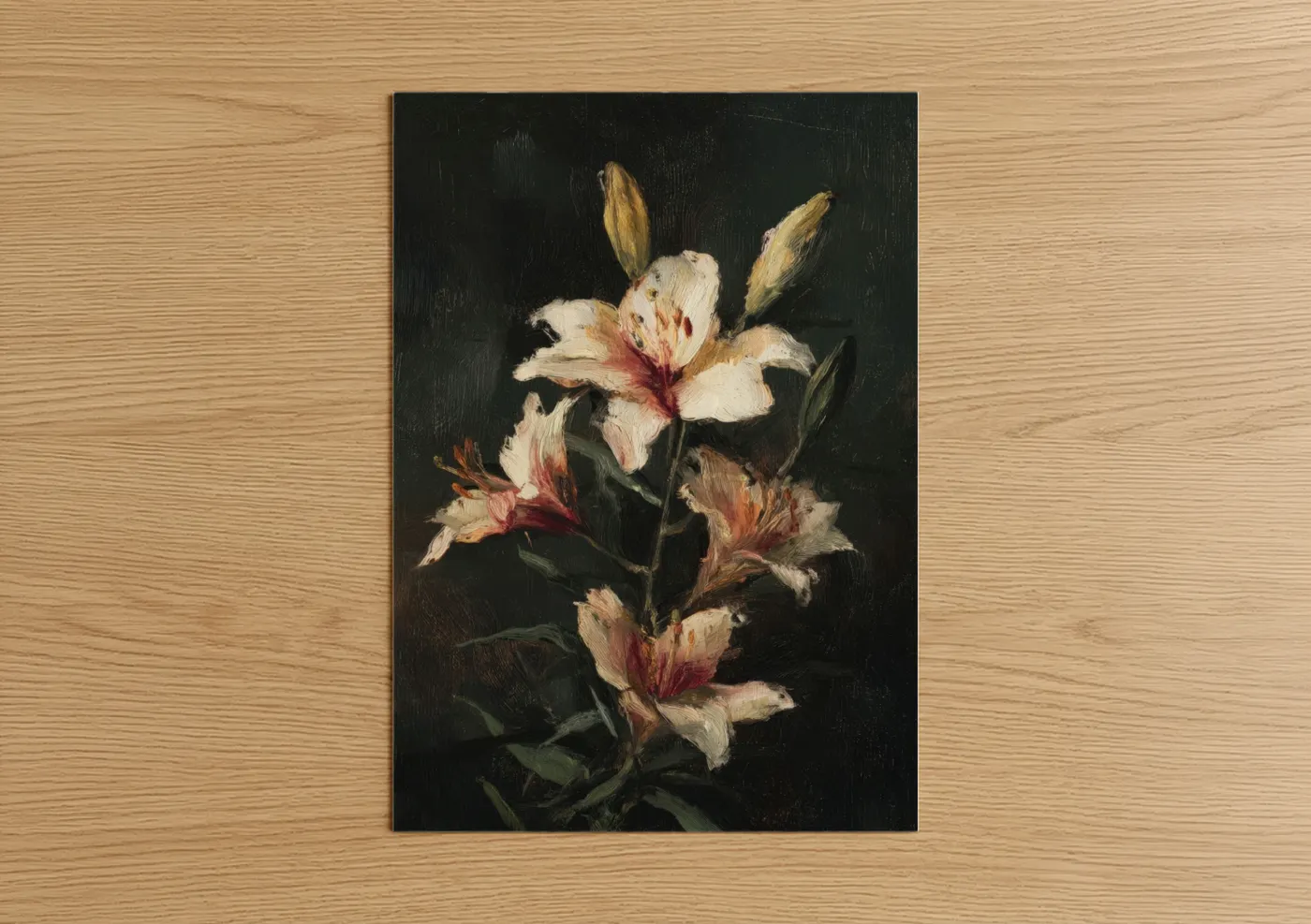 Art print on warm oak wood — cream and maroon palette — Crimson Lily Study poster