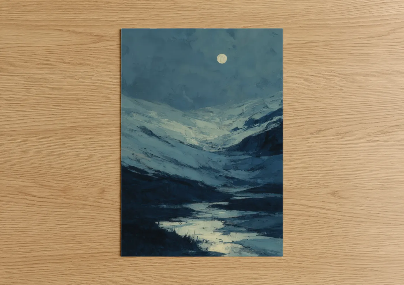 Art print on warm oak wood — blue and white and dark blue palette — Moonlit Glacier poster