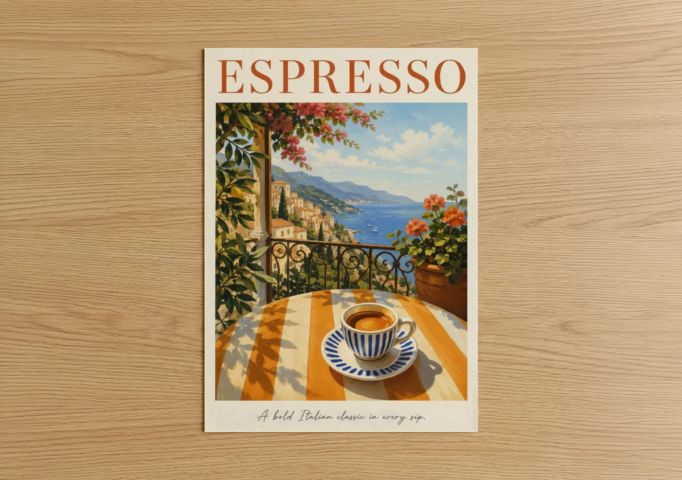 Art print on warm oak wood — blue and espresso palette — Italian Coastal Espresso Coffee Wall Art poster