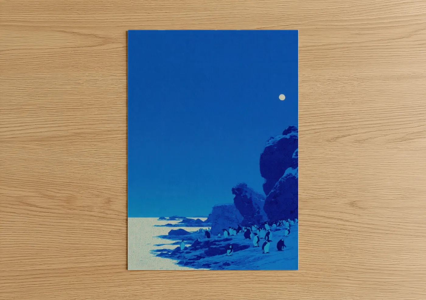 Moonlit Penguin Beach Minimalist Wall Art