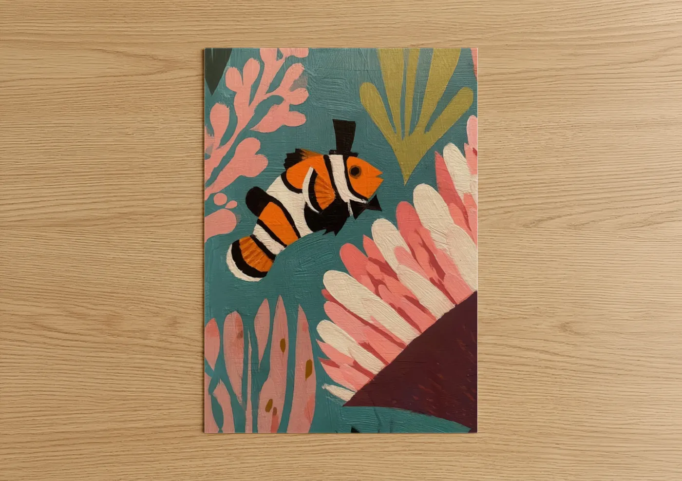 Clown fish art print on warm oak wood — teal and salmon pink palette — Coral Clownfish poster