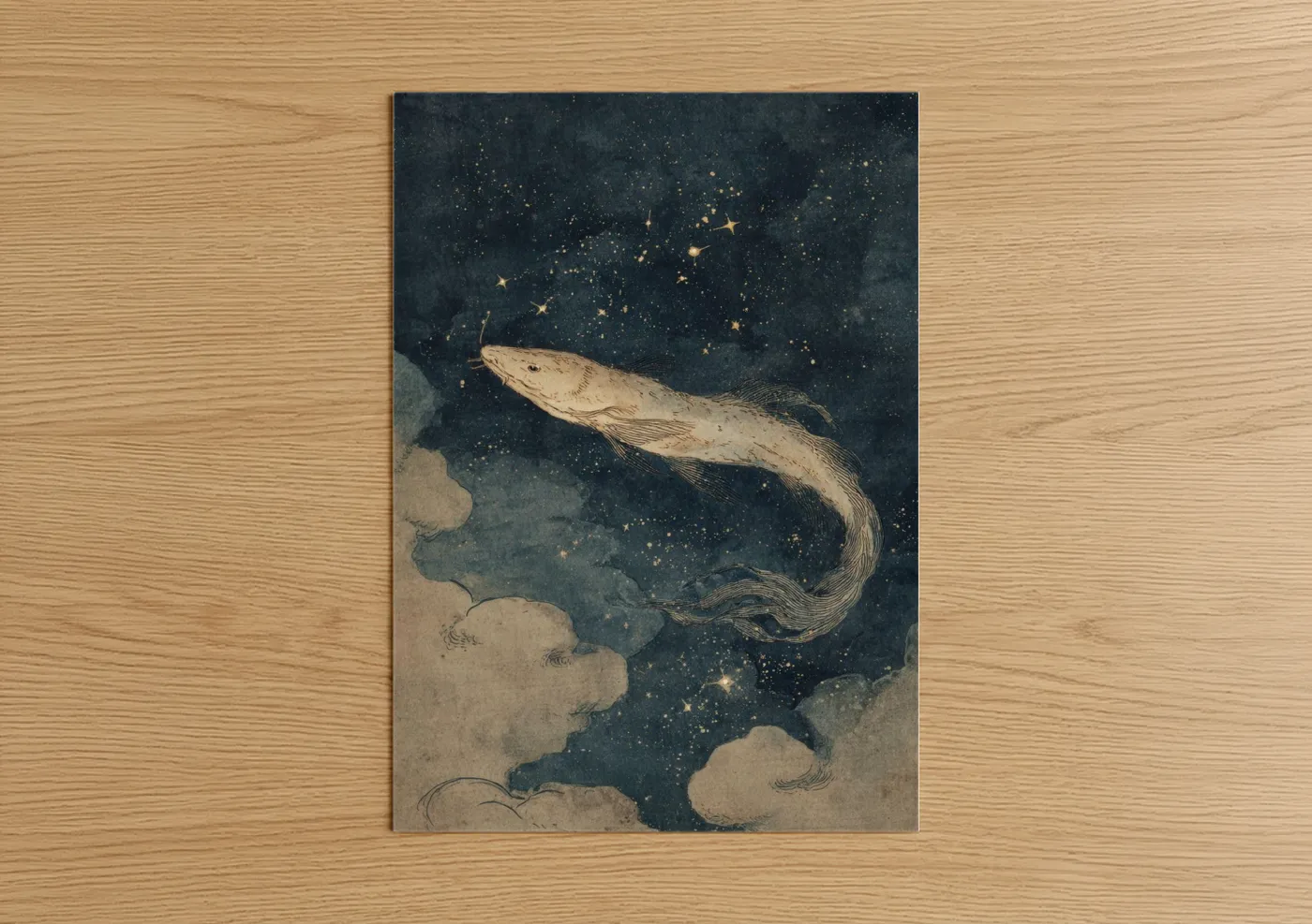 Eels art print on warm oak wood — dark blue and gold palette — Celestial Eel poster