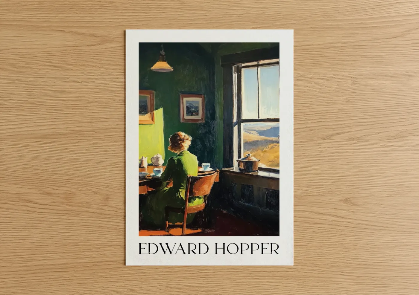 Art print on warm oak wood — dark green and gold palette — Mountain View Window poster