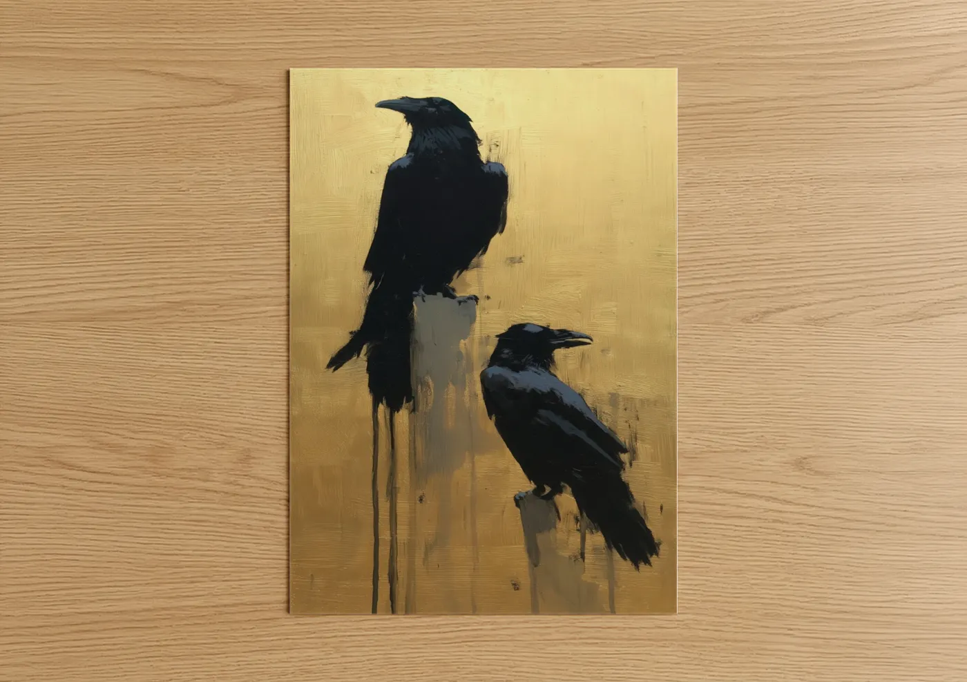 Crows and ravens art print on warm oak wood — gold and black palette — Golden Perch Ravens poster