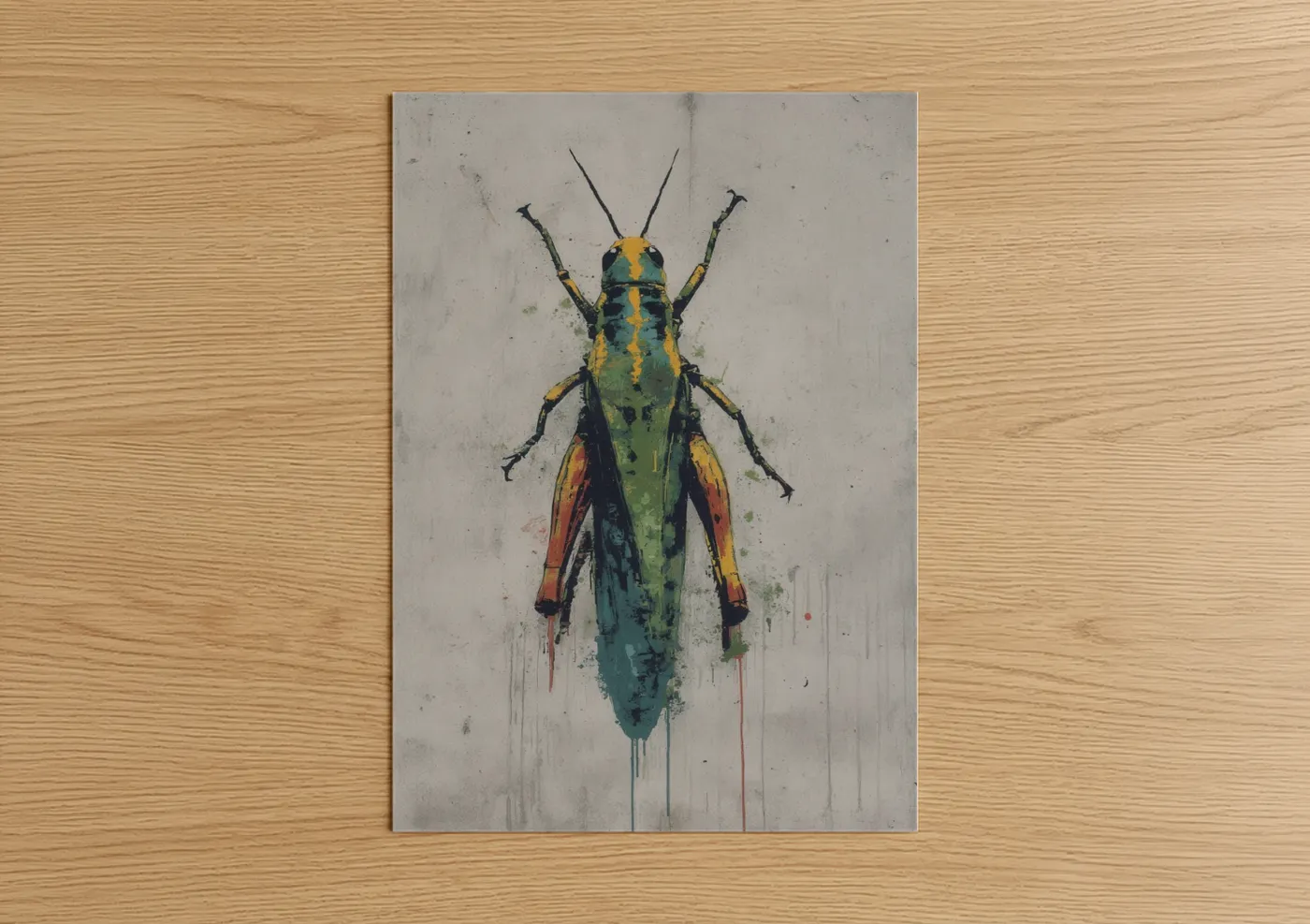 Art print on warm oak wood — green and gold palette — Vibrant Grasshopper poster