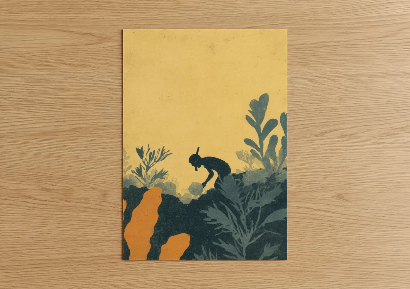 Snorkeling art print on warm oak wood — gold and teal palette — Underwater Explorer poster