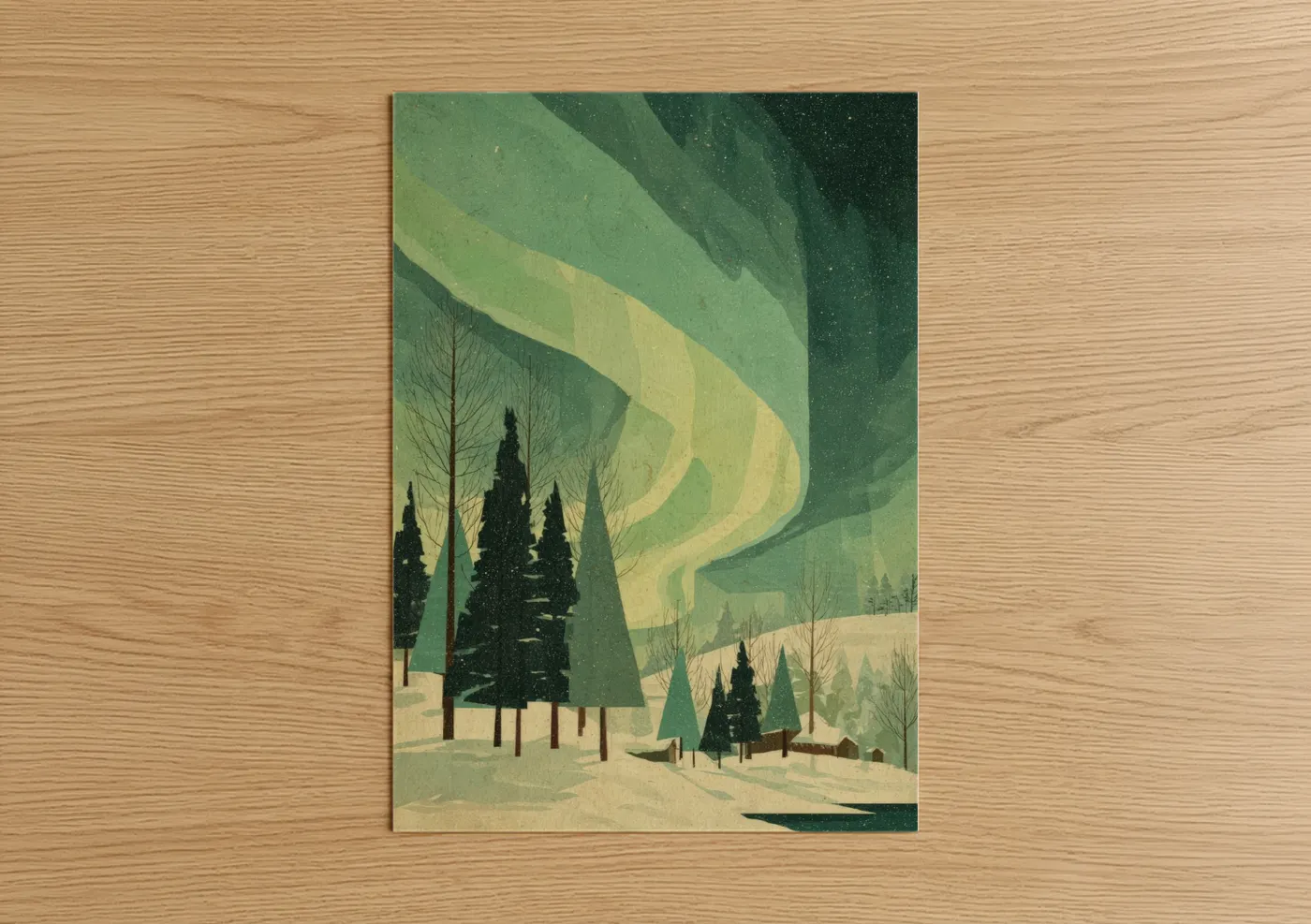 Northern lights art print on warm oak wood — light green and cream palette — Aurora Forest poster