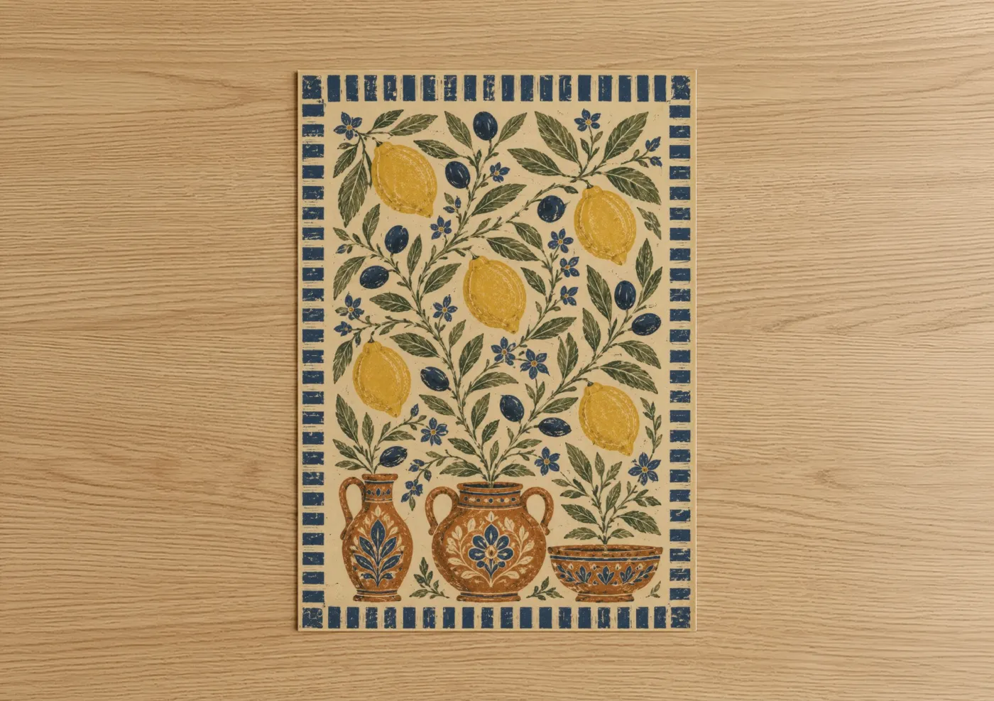 Leaf art print on warm oak wood — yellow and blue palette — Mediterranean Lemon Tree Pottery Wall Art poster