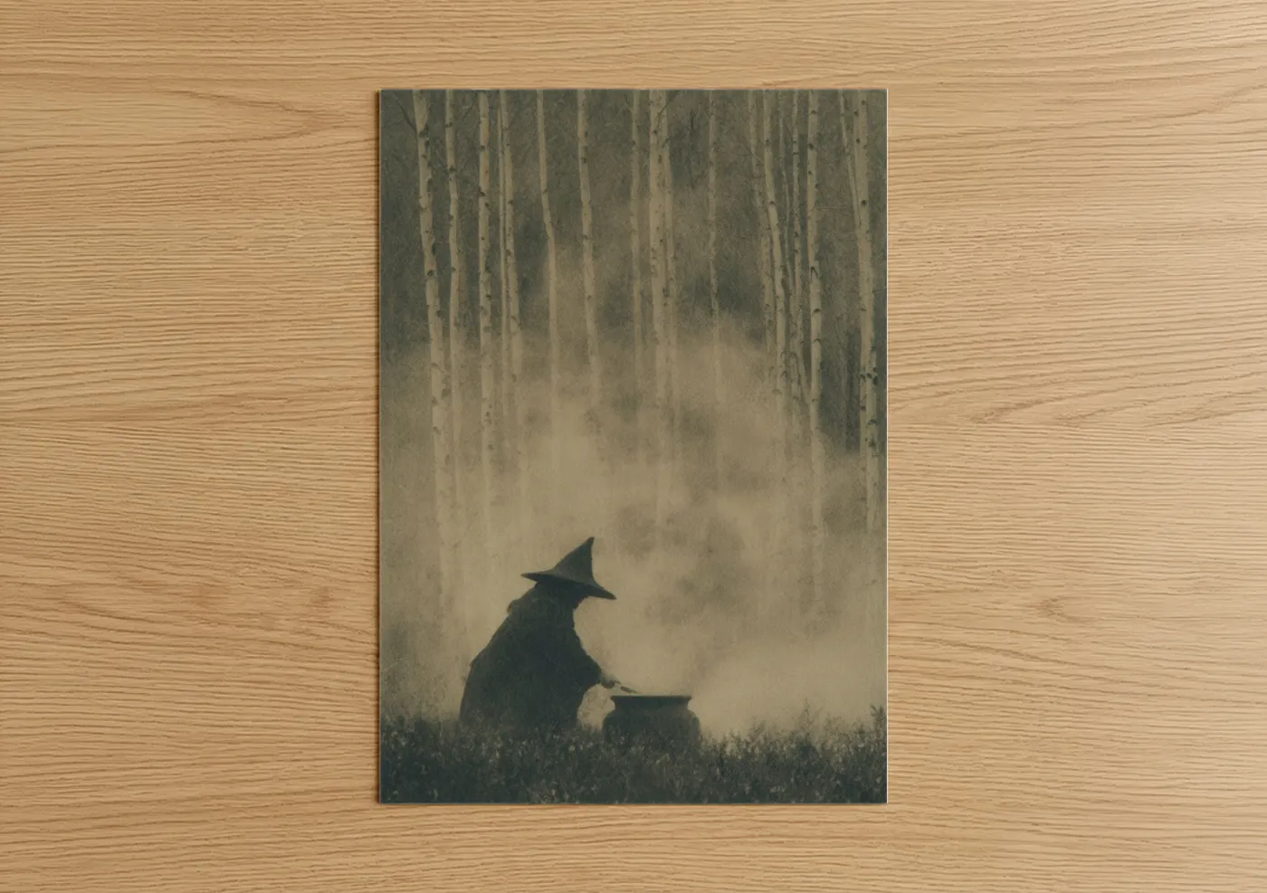 Dark fantasy art print on warm oak wood — gray and beige palette — Witch's Solitude poster