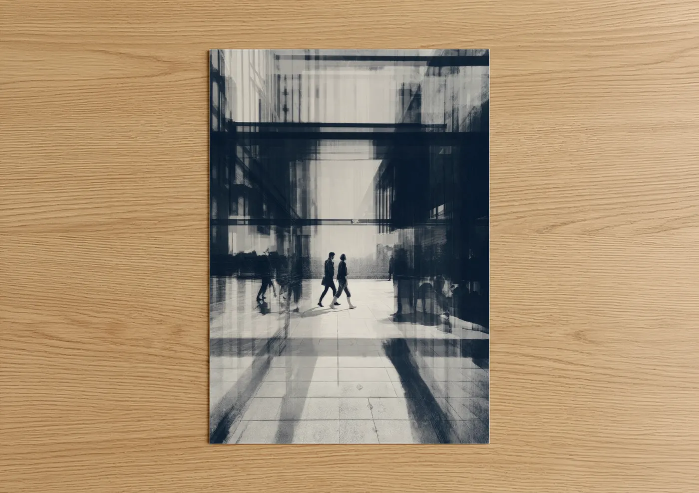 Abstract architecture art print on warm oak wood — black and white and gray palette — Urban Passage poster