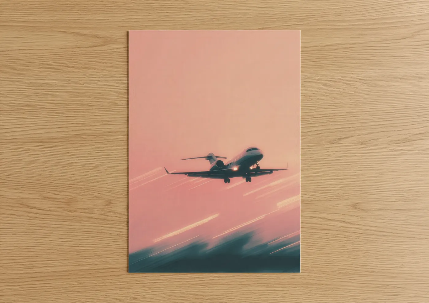 Art print on warm oak wood — peach and gold palette — Sunset Private Jet poster