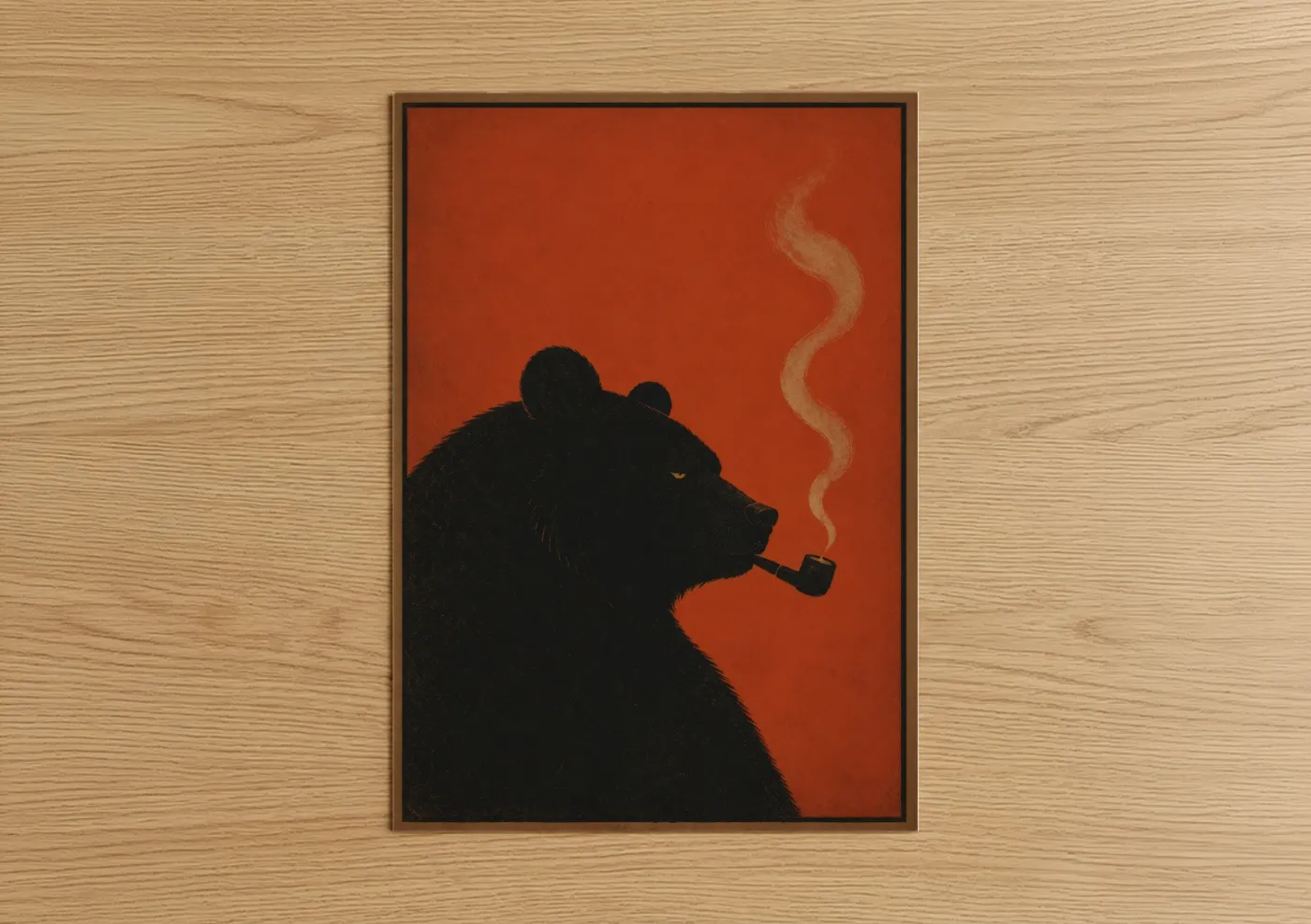 Art print on warm oak wood — orange and black palette — Smoking Bear Silhouette Wall Art poster