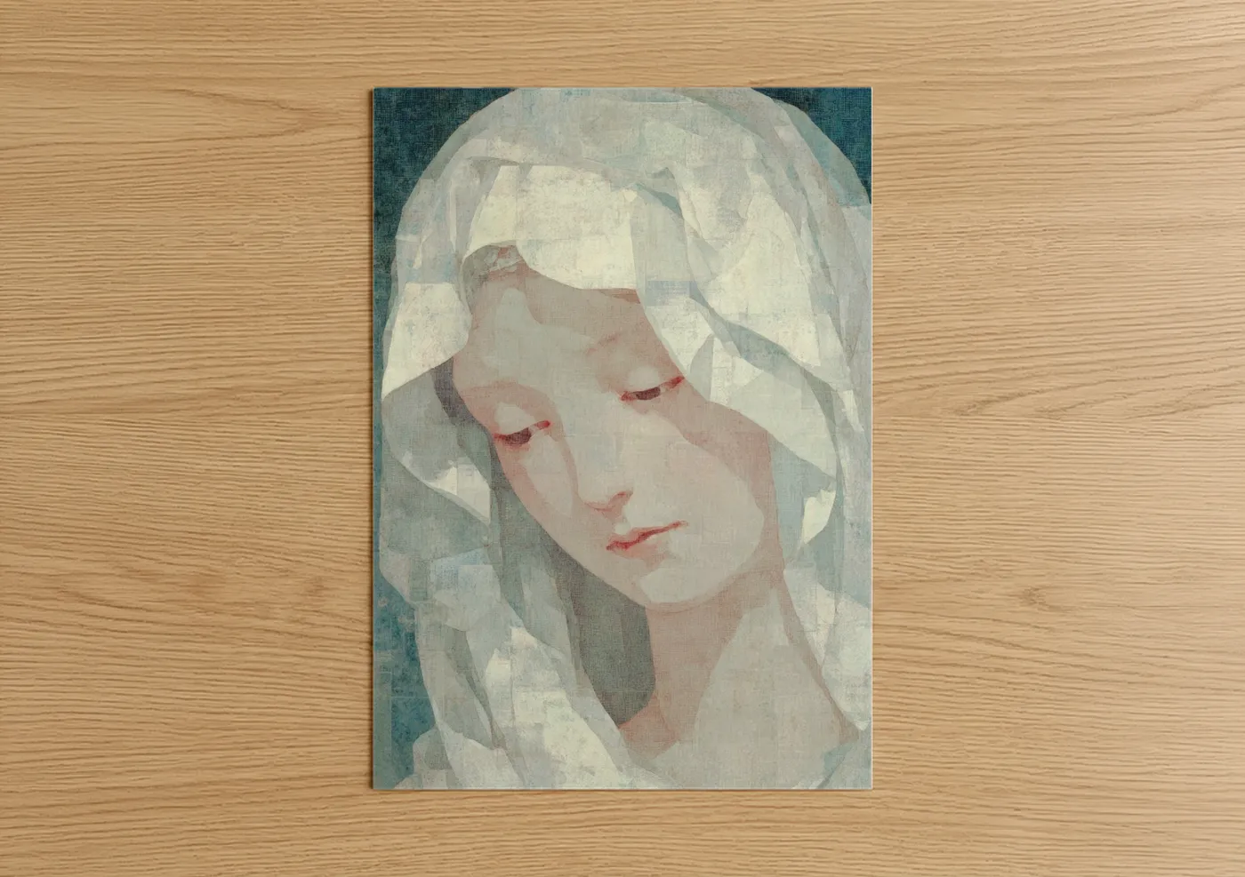 Virgin mary art print on warm oak wood — blue and white and peach palette — Veiled Contemplation poster