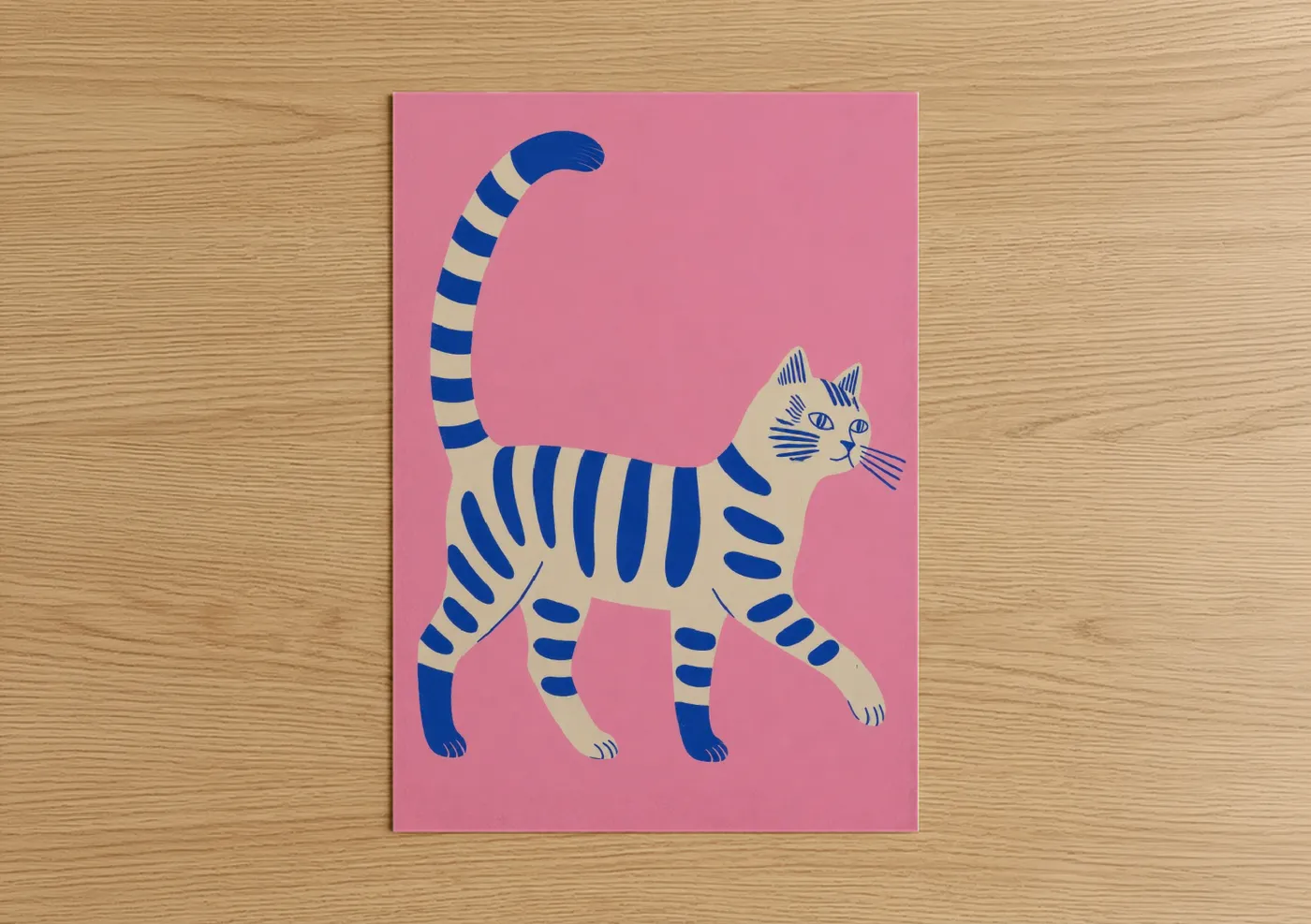 Art print on warm oak wood — blue and pink palette — Blue Striped Cat Wall Art poster