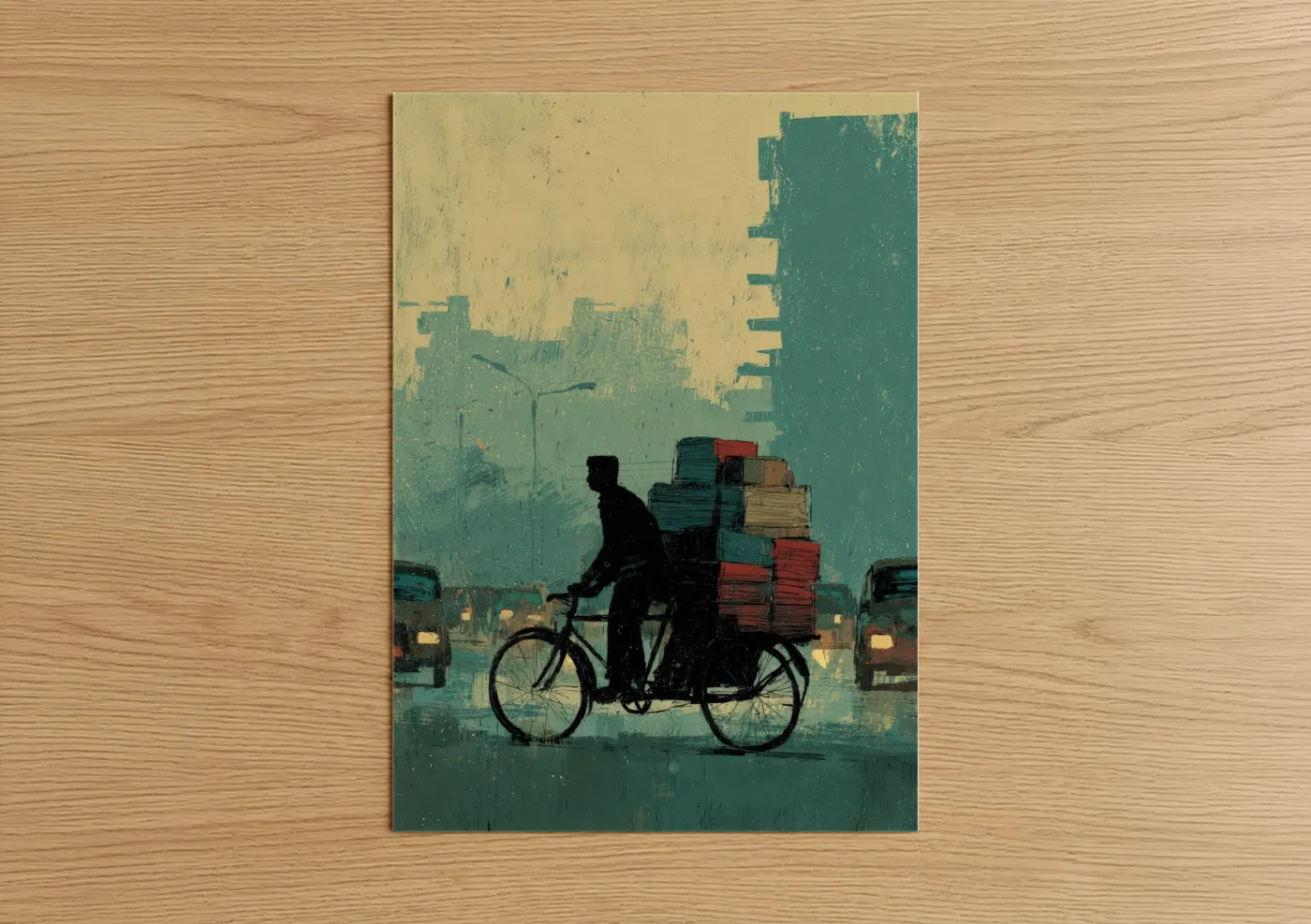 Rickshaw art print on warm oak wood — teal and gold palette — Urban Delivery poster
