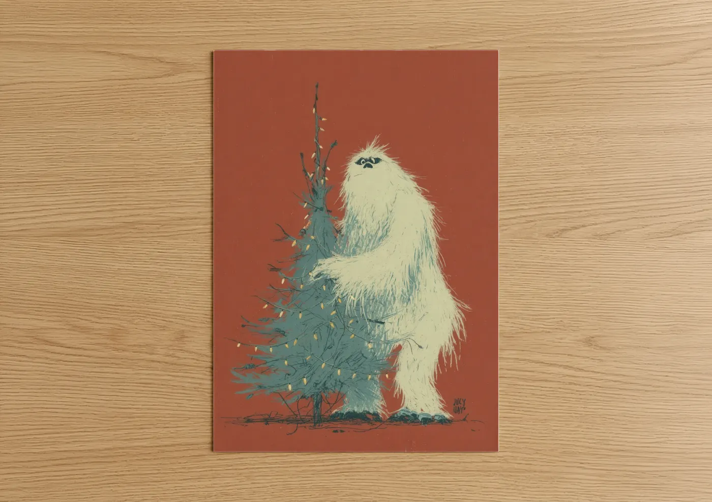 Art print on warm oak wood — russet and cream palette — Festive Yeti poster
