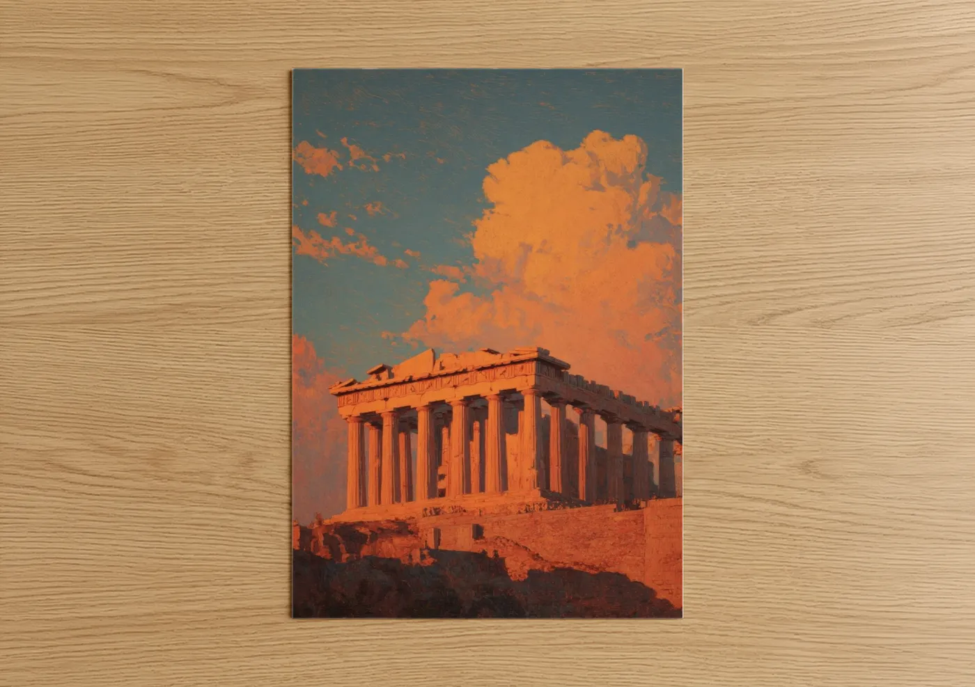 Art print on warm oak wood — gold and orange palette — Golden Parthenon poster