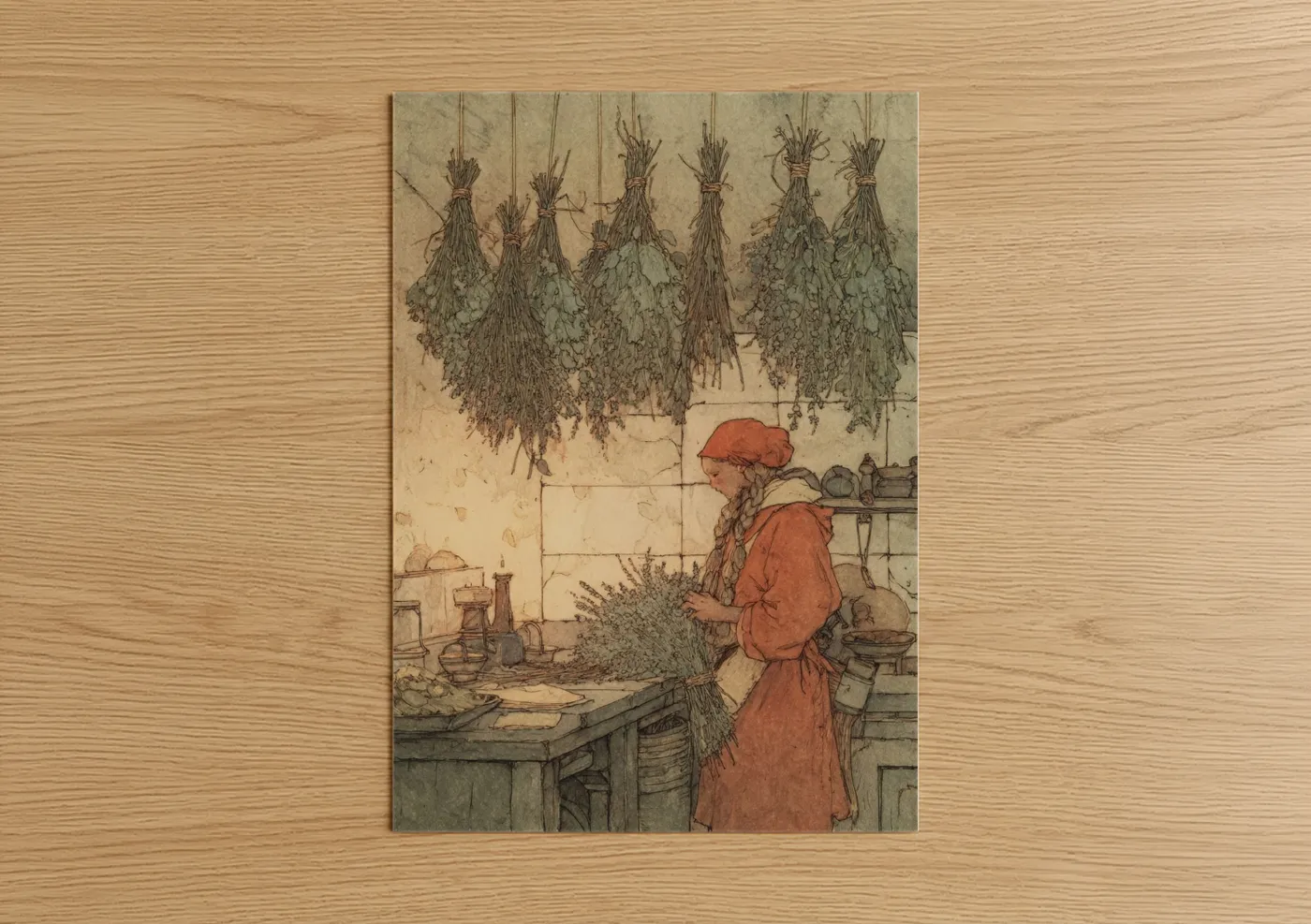 Art print on warm oak wood — beige and russet palette — Herbal Elf poster