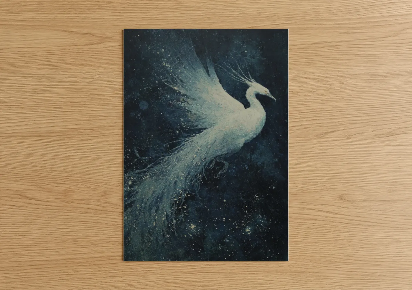Art print on warm oak wood — dark blue and white palette — Celestial Phoenix poster