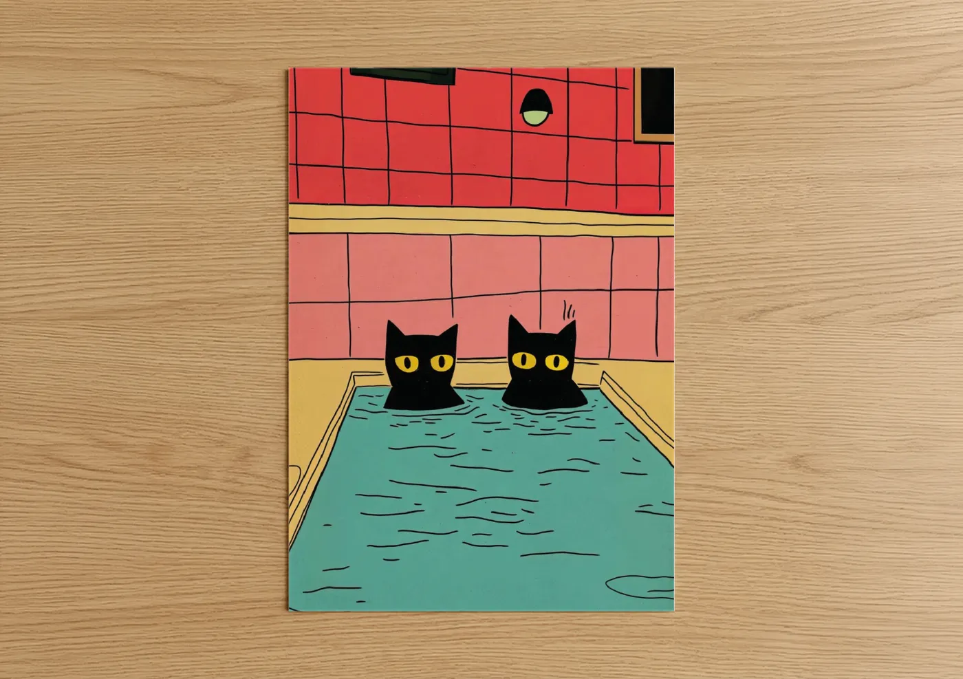 Art print on warm oak wood — red and teal palette — Bathing Cats Duo poster