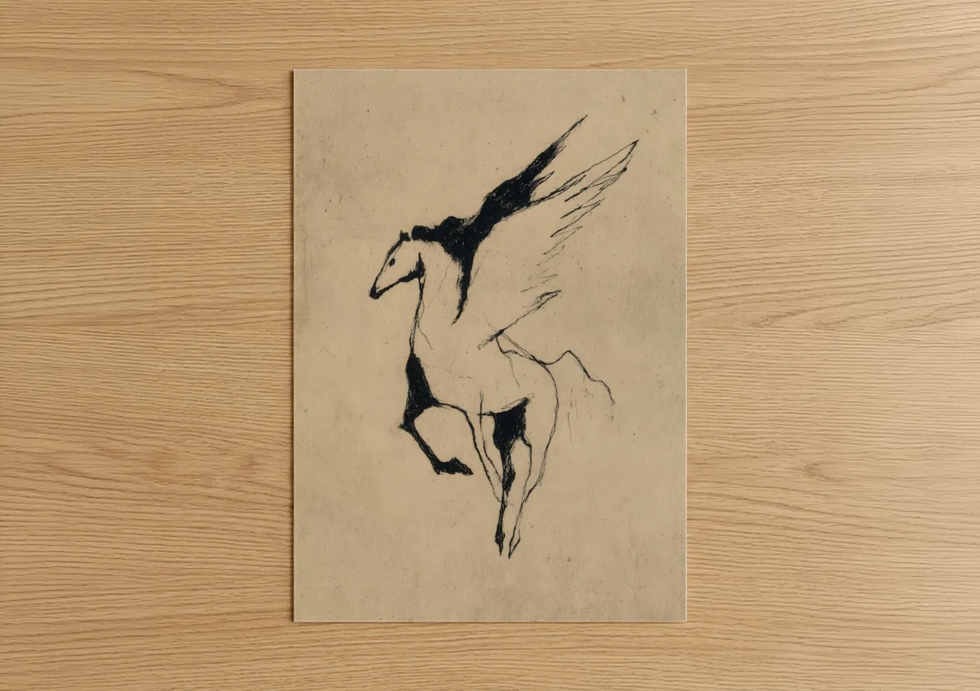 Art print on warm oak wood — black and beige palette — Winged Pegasus poster