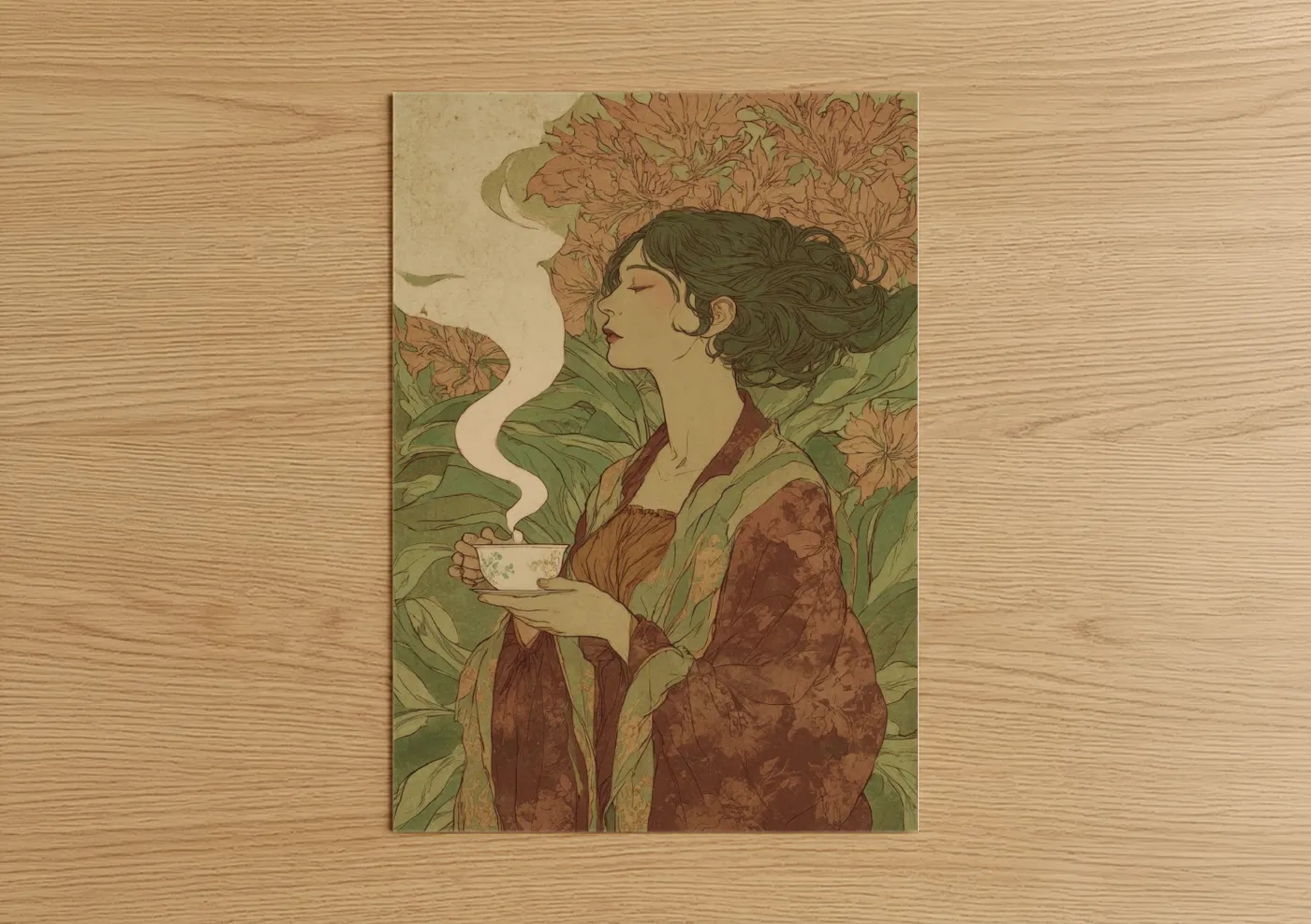 Art print on warm oak wood — brown and sage green palette — Tranquil Coffee Moment poster