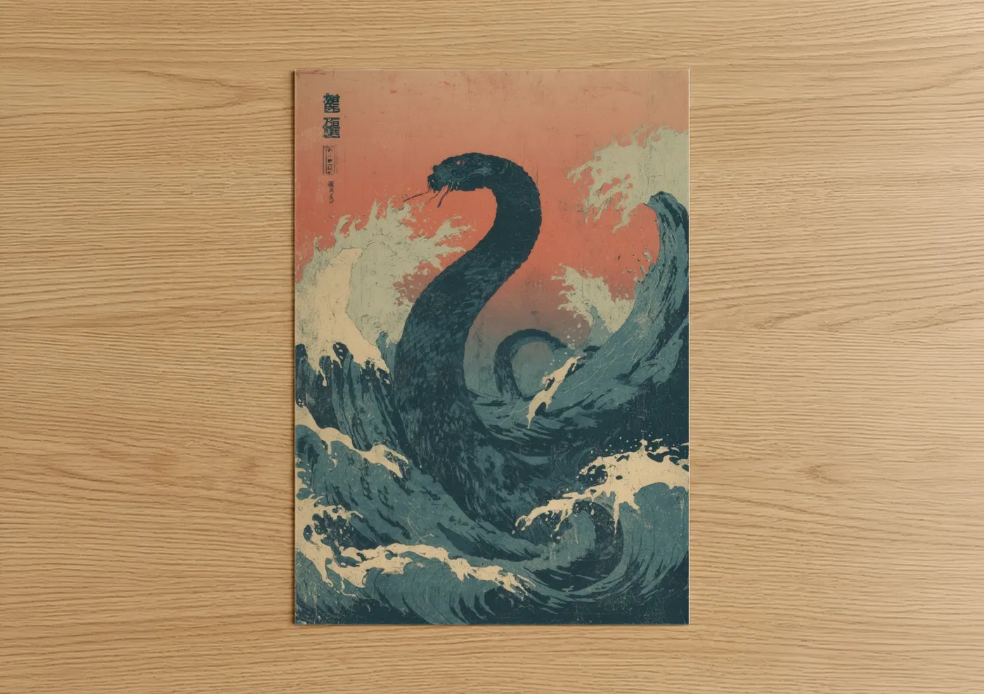 Eels art print on warm oak wood — dark blue and peach palette — Serpent Wave poster