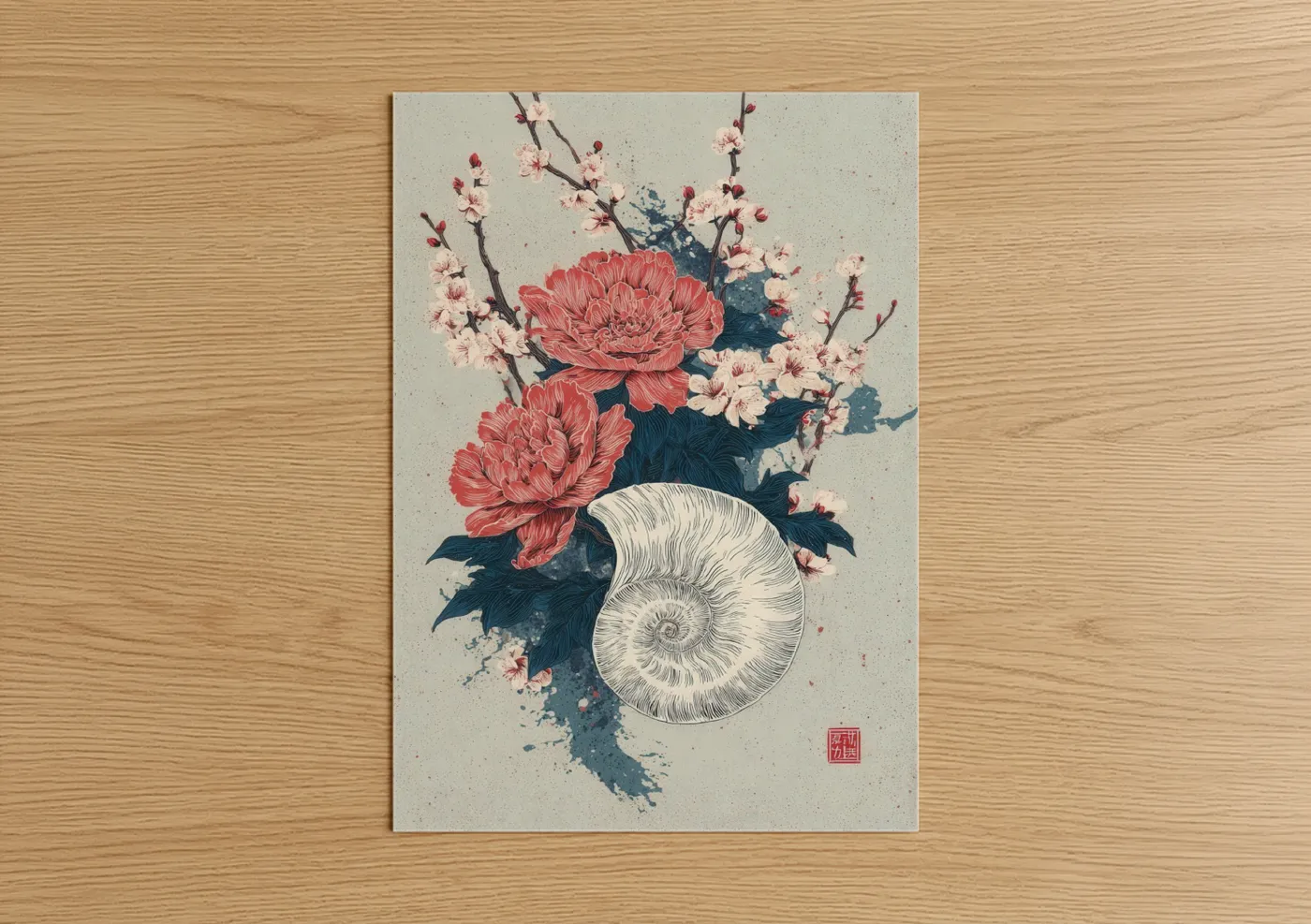 Art print on warm oak wood — salmon pink and dark blue palette — Coral Nautilus poster