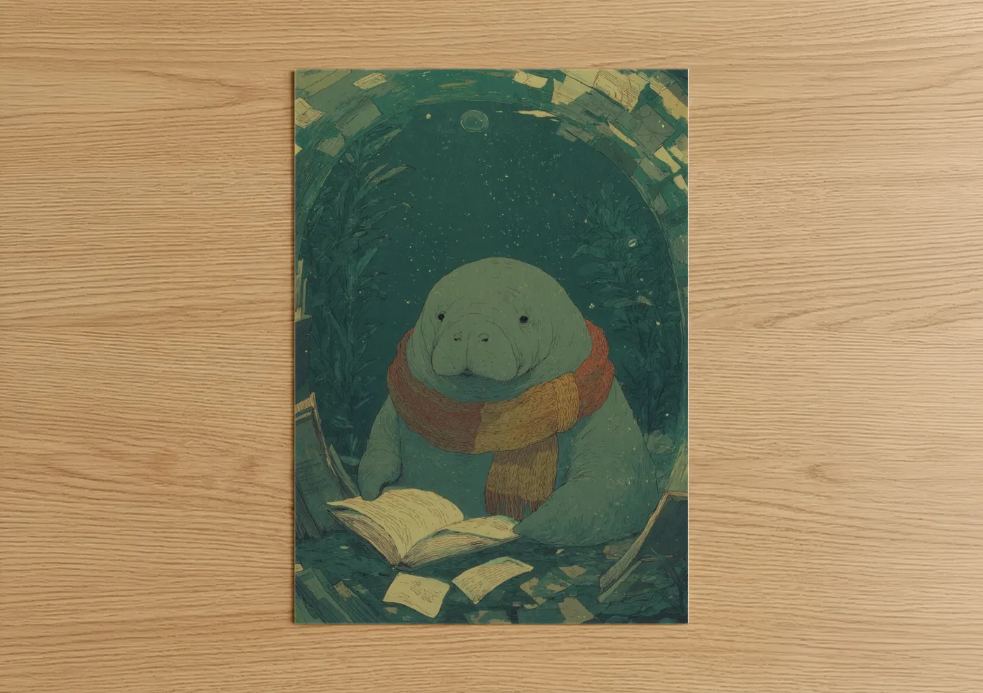 Cozy Reading Manatee Illustration Wall Art
