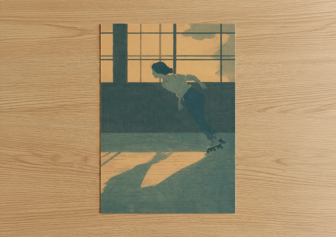 Roller skating art print on warm oak wood — gold and teal palette — Golden Hour Skater poster