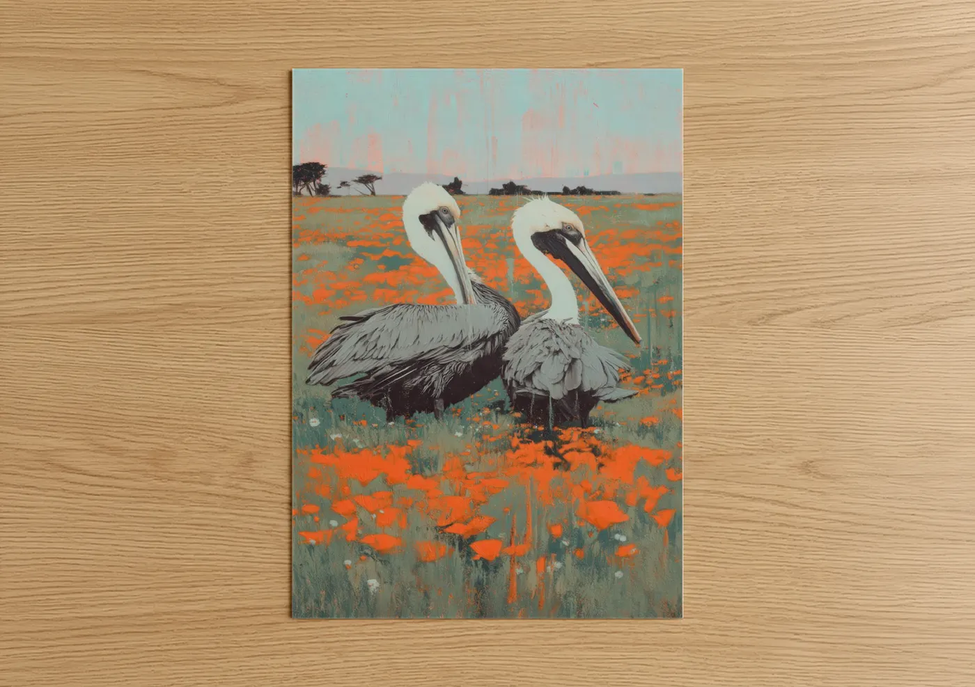 Pelican Pair Orange Wildflower Field Wall Art