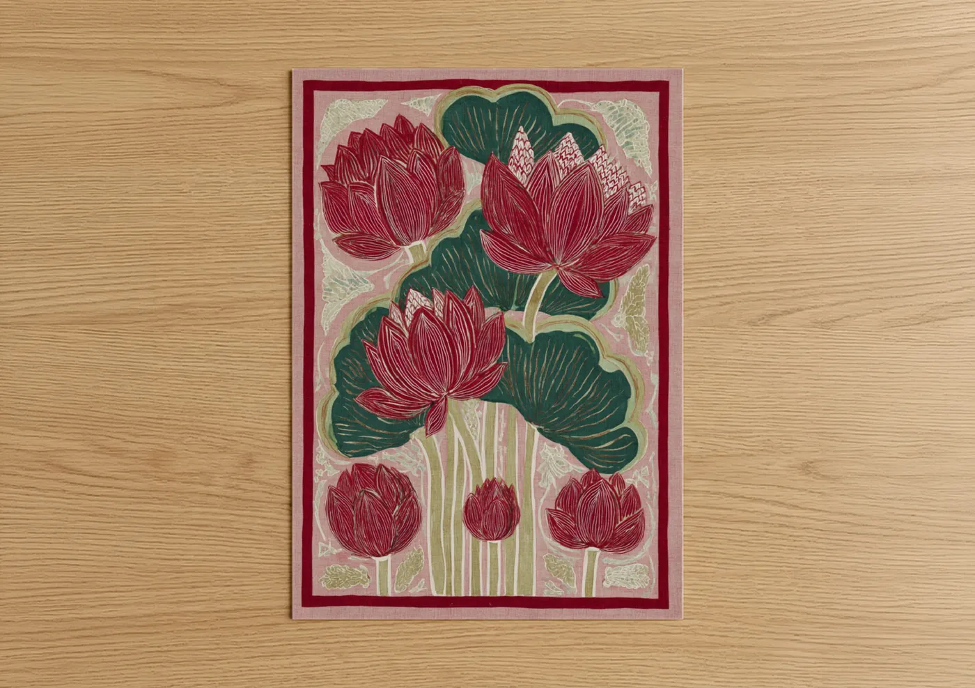 Crimson Lotus Botanical Woodblock Wall Art
