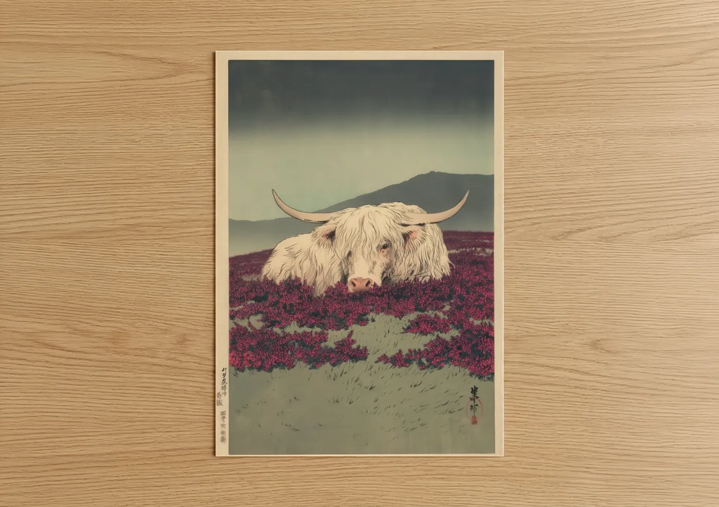 Highland Cow Heather Field Japanese Wall Art