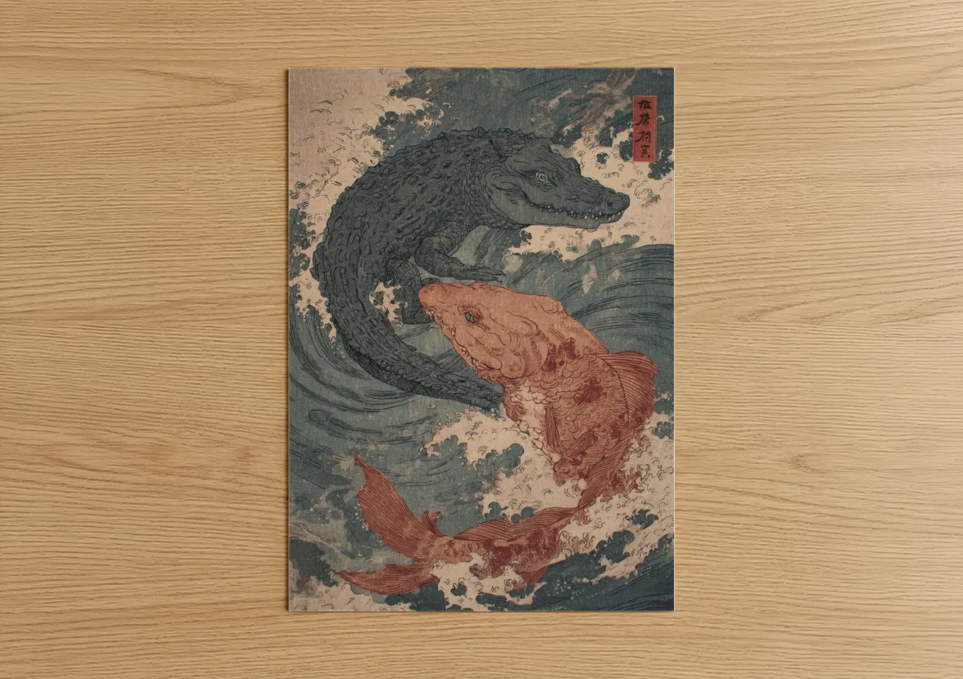 Crimson Alligator Wave Japanese Woodblock Wall Art