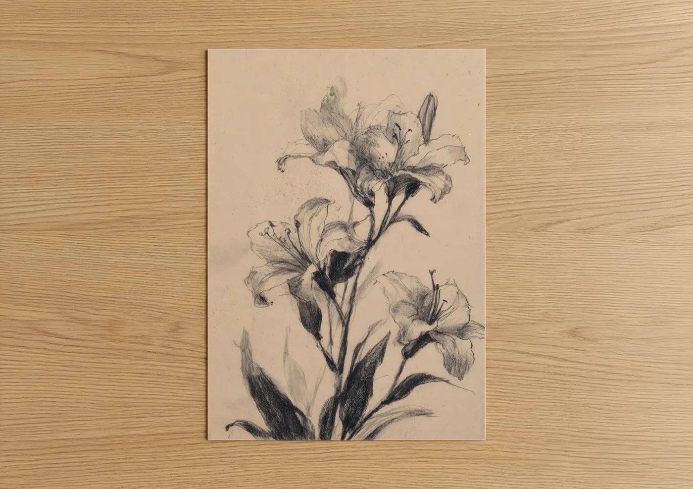 Art print on warm oak wood — beige and black and white palette — Botanical Lily Study poster