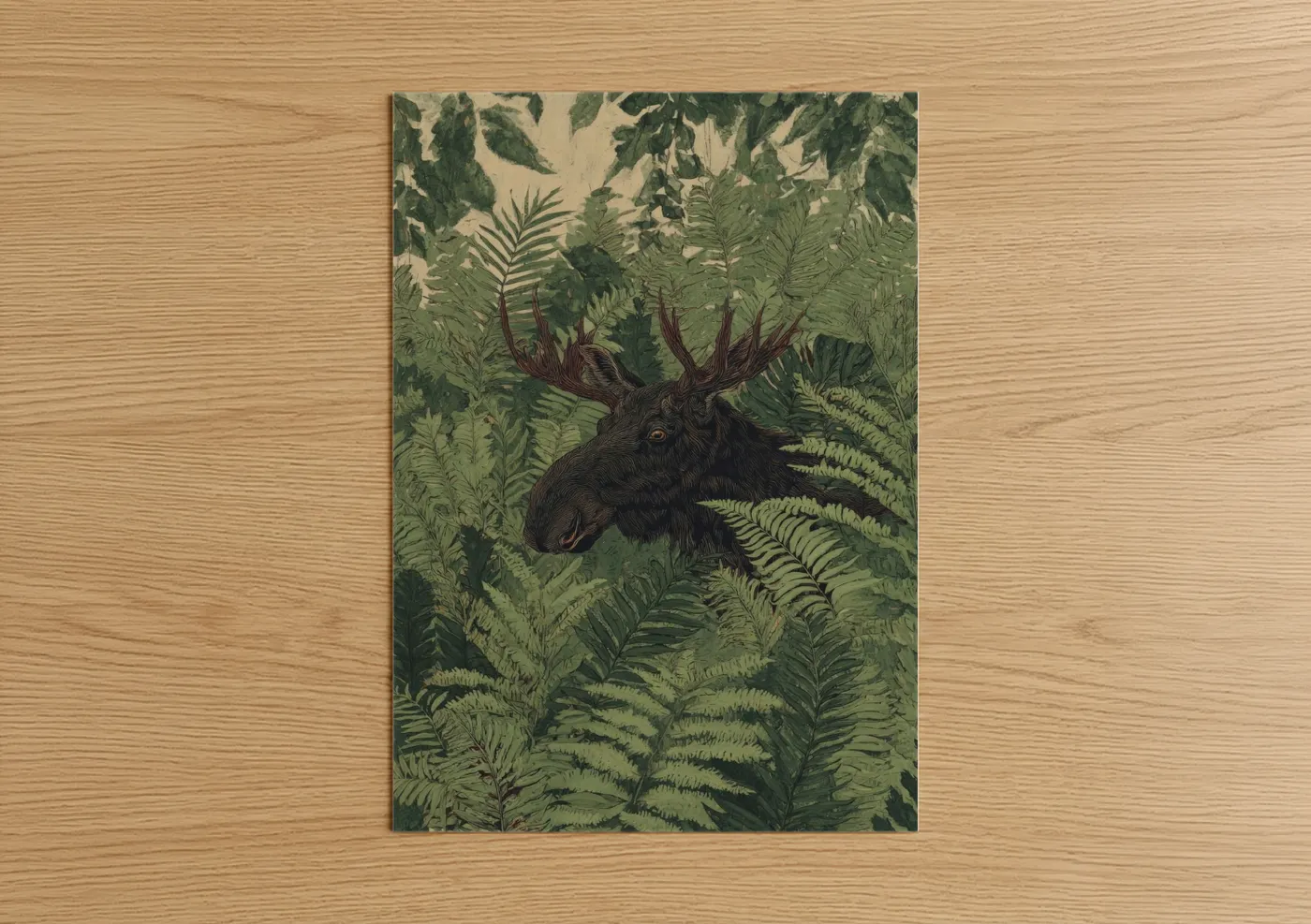 Art print on warm oak wood — green and cream palette — Forest Moose poster
