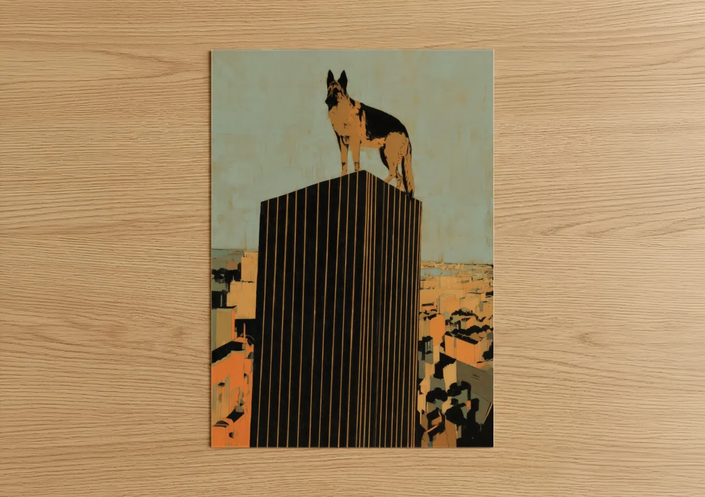 Shepherd dogs and collies art print on warm oak wood — gold and black palette — Urban Guardian poster