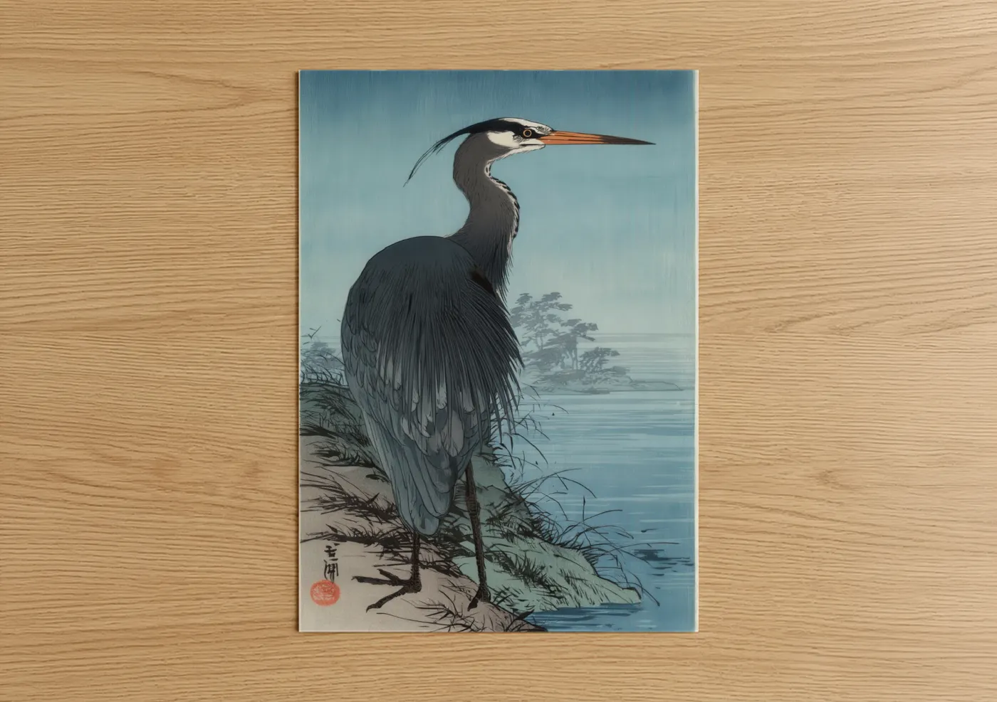 Art print on warm oak wood — blue and gray and black palette — Riverside Heron poster