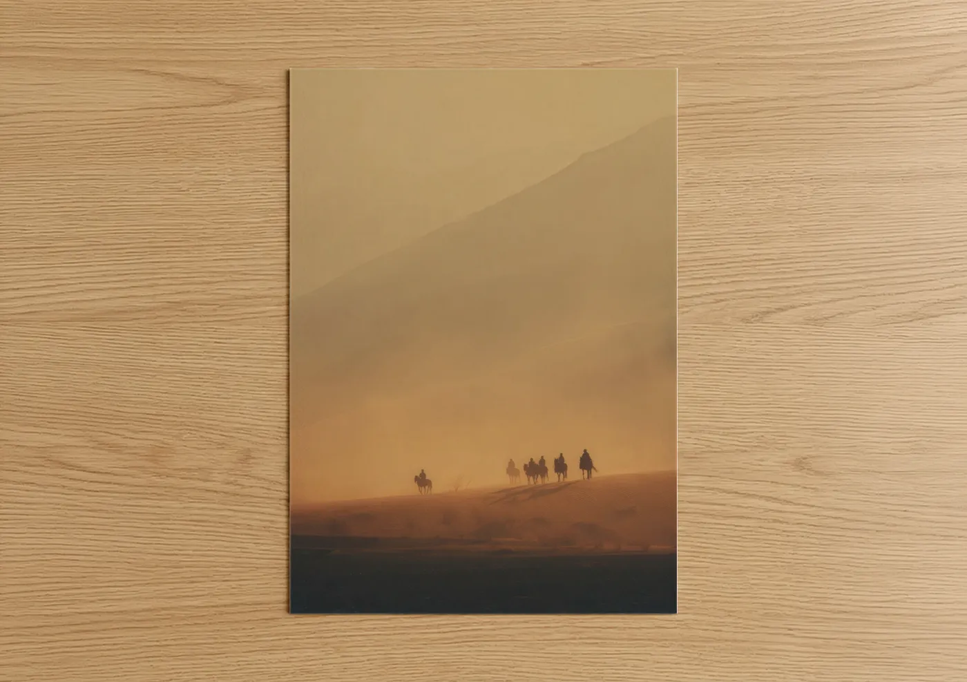 Horseback art print on warm oak wood — gold and brown palette — Desert Caravan poster