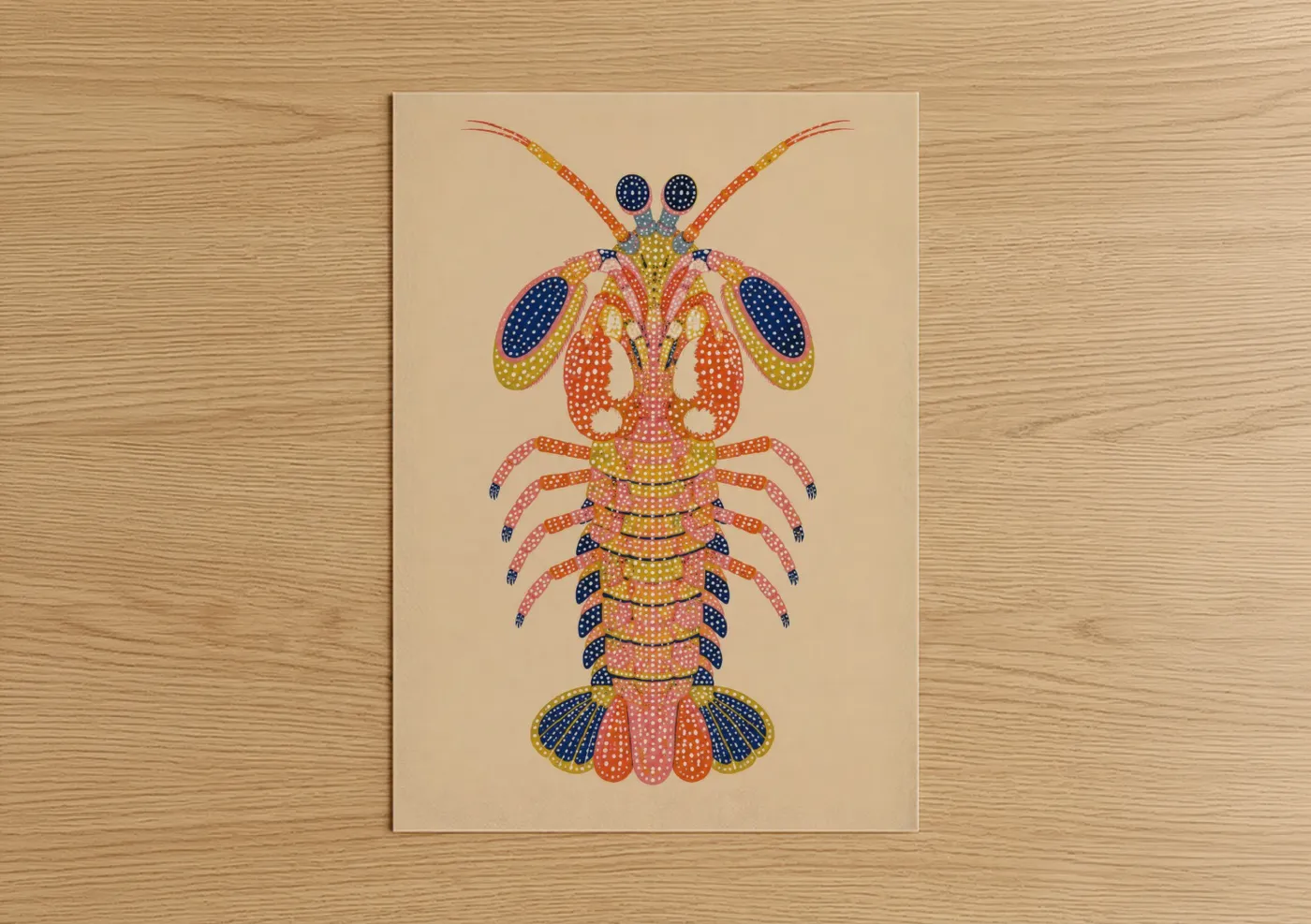 Art print on warm oak wood — orange and beige palette — Geometric Lobster Marine Life Wall Art poster