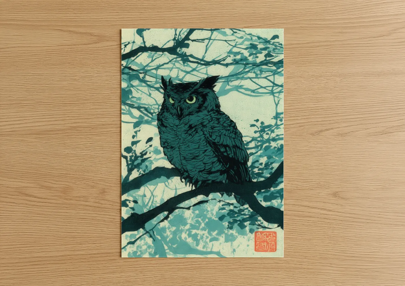 Teal Owl Branch Japanese Woodblock Wall Art