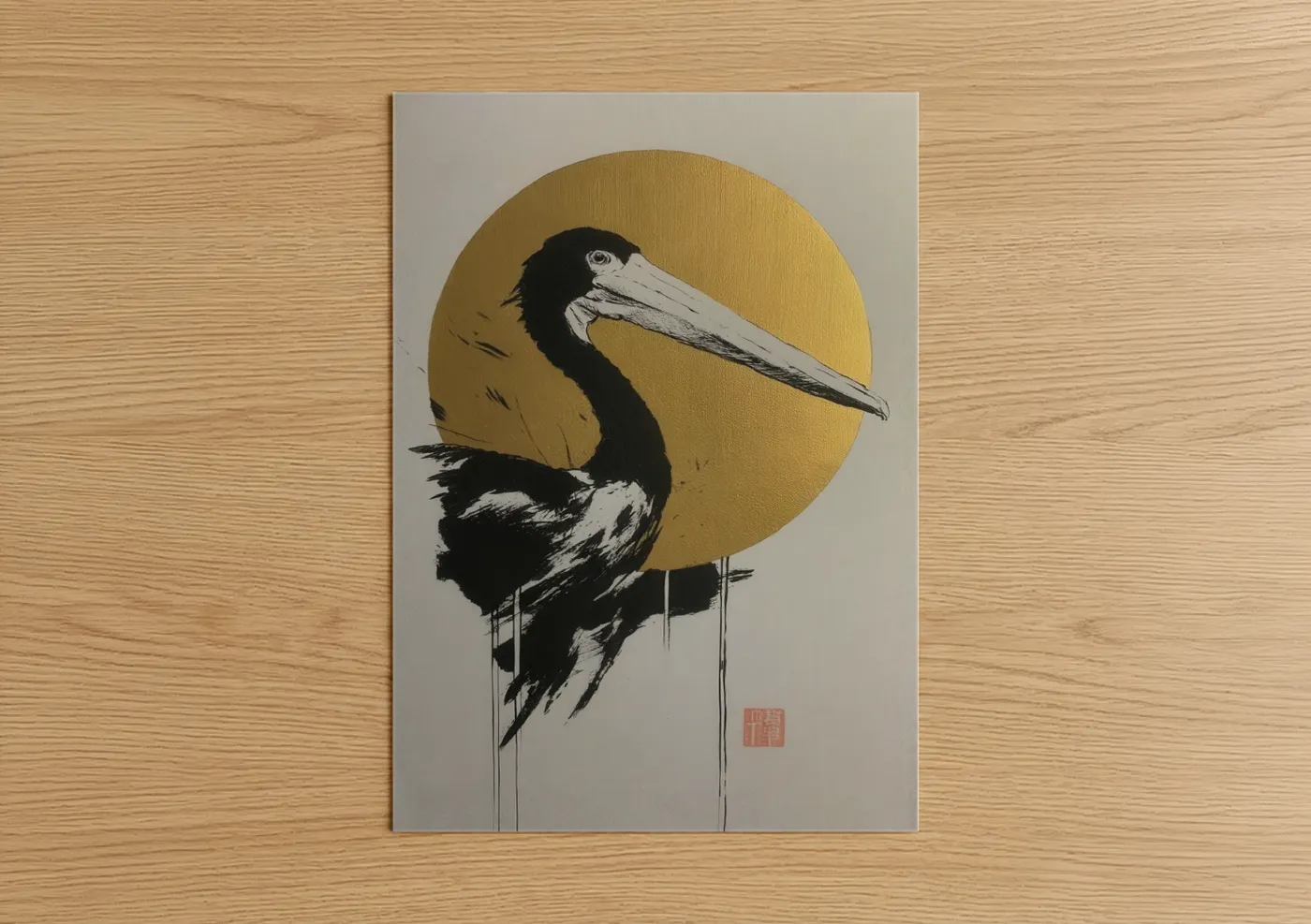 Art print on warm oak wood — gold and black and white palette — Golden Pelican poster
