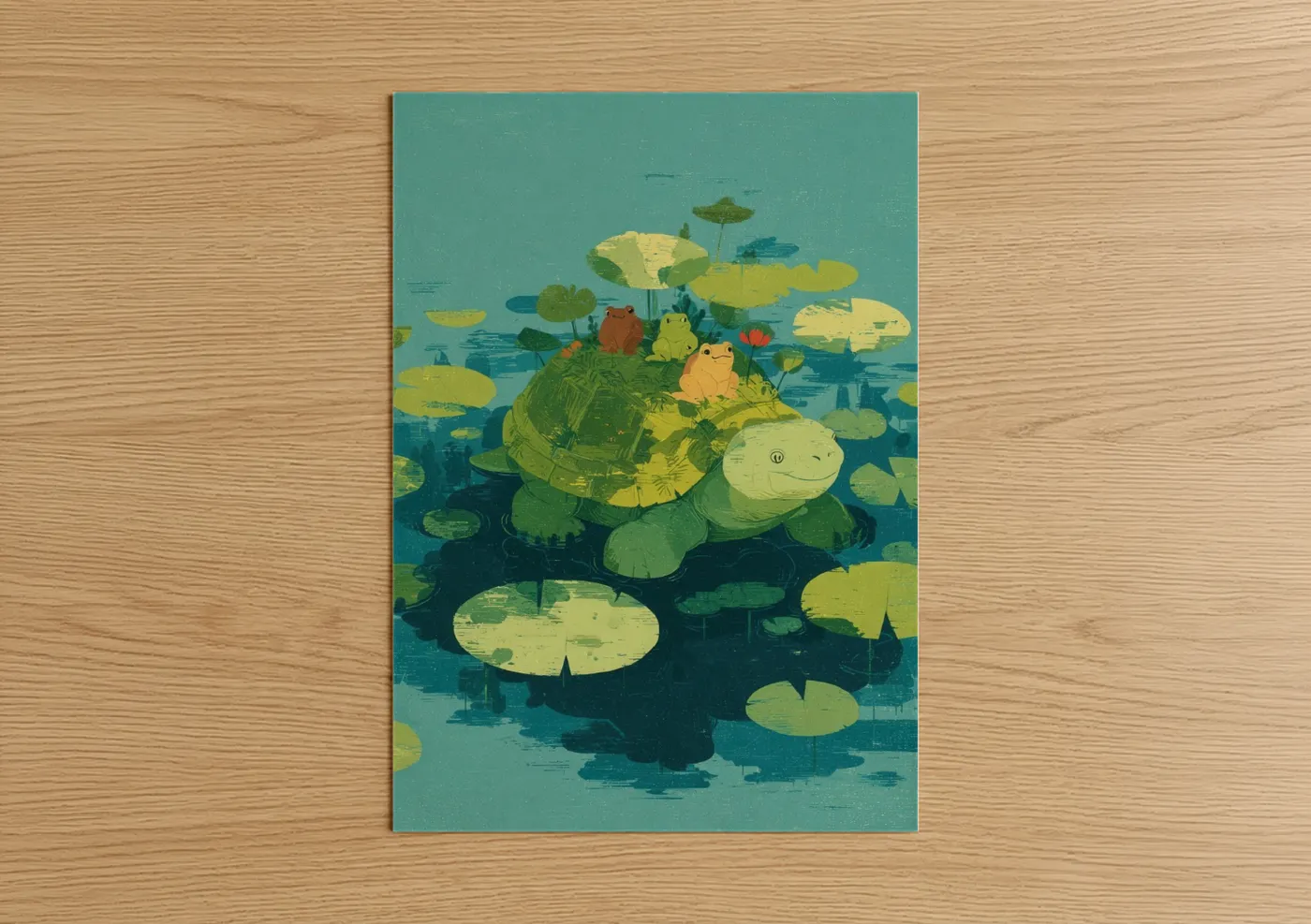Art print on warm oak wood — teal and light green palette — Lily Pad Turtle poster