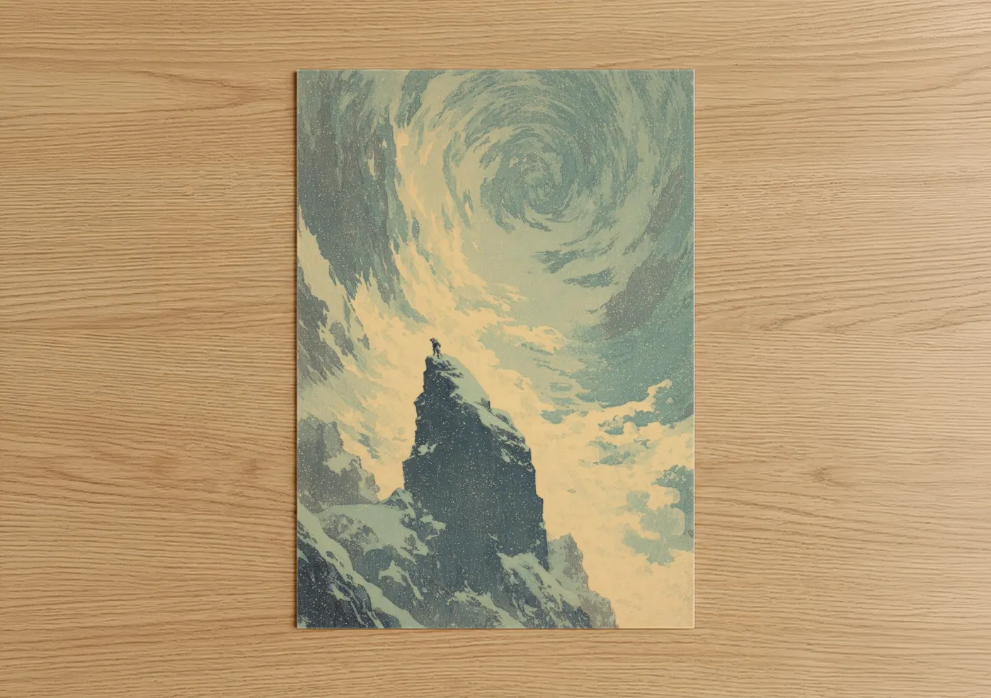 Ice climbing art print on warm oak wood — cream and sage green palette — Snowy Summit poster
