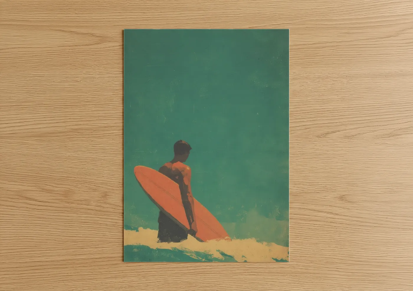 Water surfing art print on warm oak wood — teal and peach palette — Coastal Surfer poster