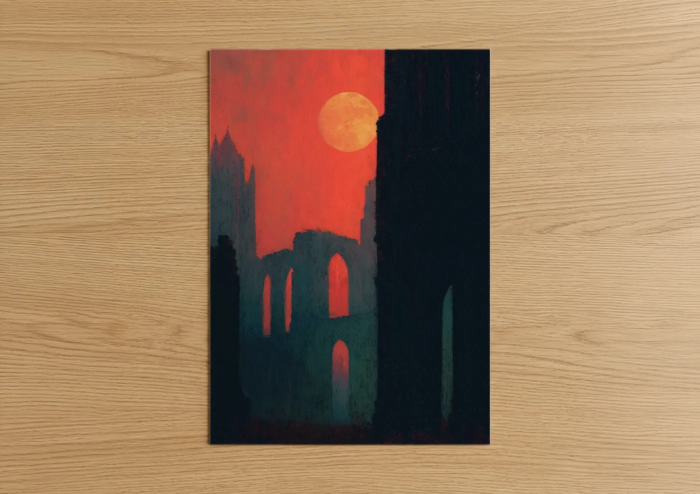 Art print on warm oak wood — red and black palette — Crimson Moon Rising poster