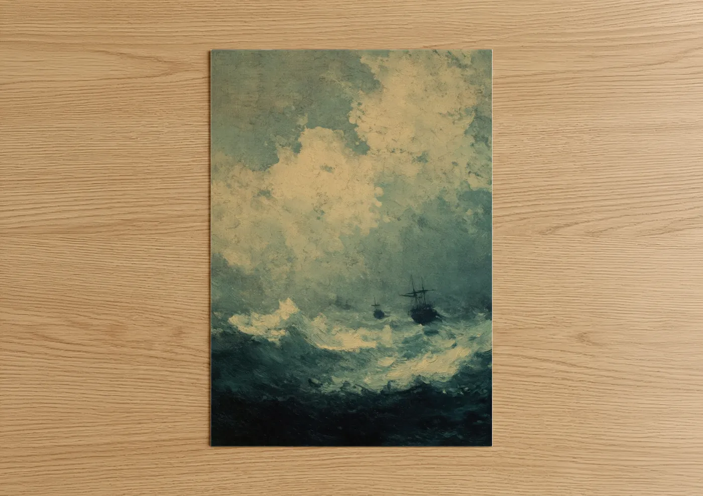 Art print on warm oak wood — sage green and cream palette — Stormy Seas poster