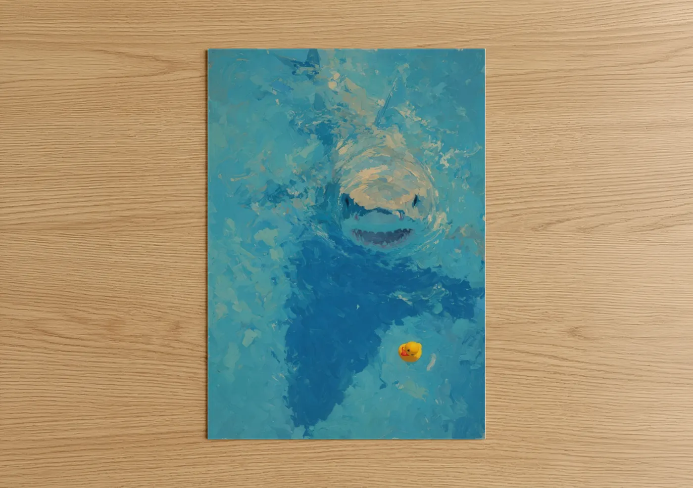 Art print on warm oak wood — blue and cream palette — Curious Bull Shark poster