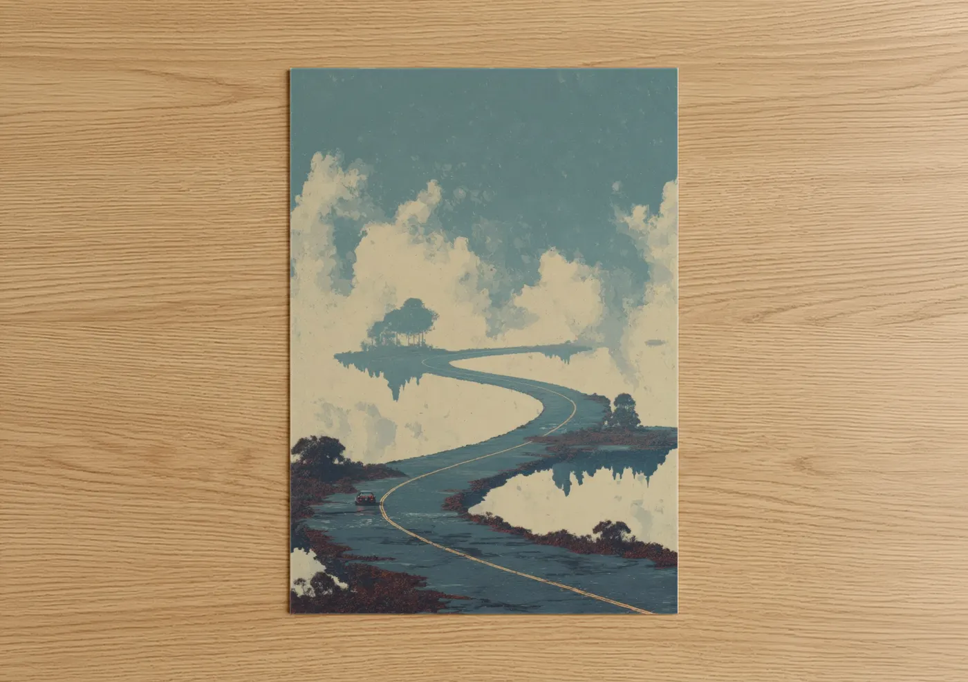 Road and highways art print on warm oak wood — blue and white and cream palette — Winding Road Dream poster