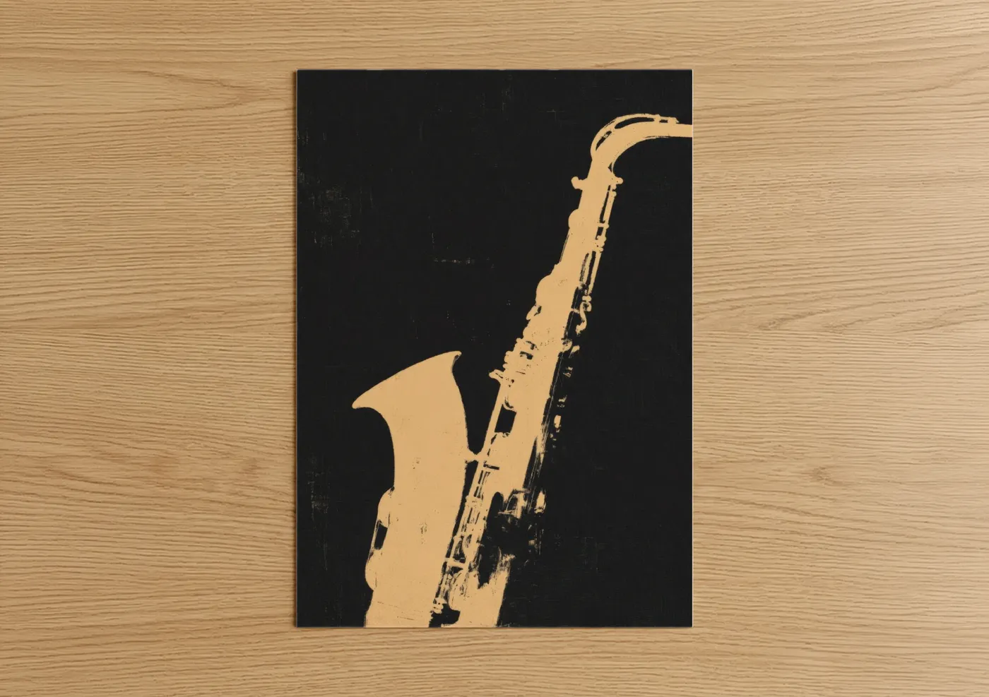 Art print on warm oak wood — gold and black palette — Golden Saxophone poster